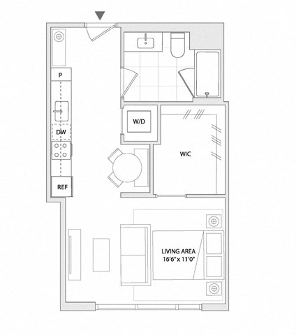 Floor plan for studio, 1 bath, 494 sqft